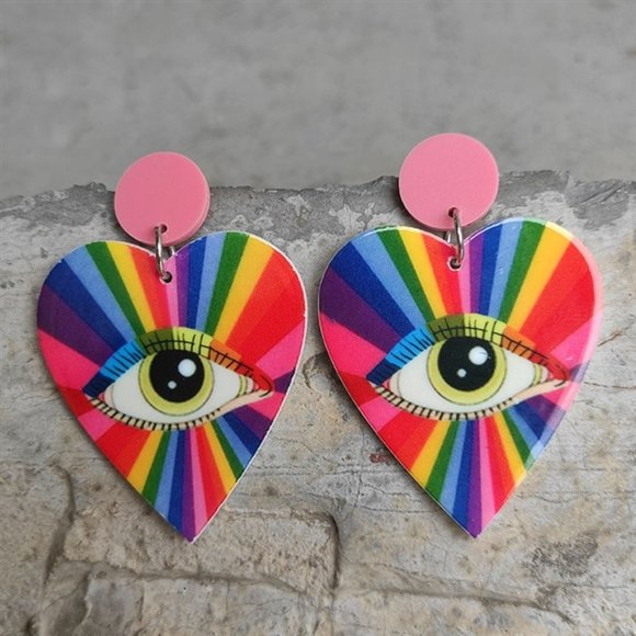 Hot Topic Jewelry - Evil Eye Rainbow Pride Acrylic Heart Earrings NEW
